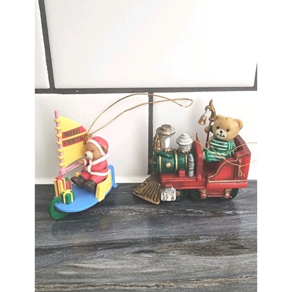 Mixed Lot 2 Bear Sailboat Ice Sled 1993 Matrix Plastic Christmas Ornaments Train